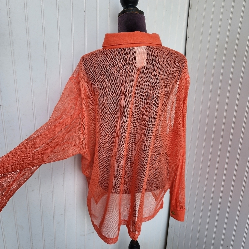 VTG Popovitch Womens Button Front Shirt Orange Linen Belnd Mesh Relaxed Plus 2X - Picture 7 of 13
